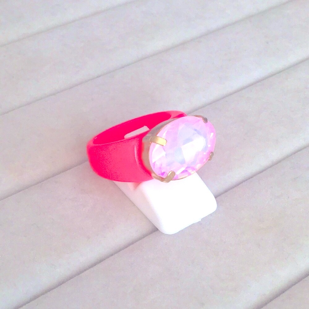 Lilac Pink Opal Oval Aurora Borealis Crystal + Hot Pink Ring - Picture 14 of 16